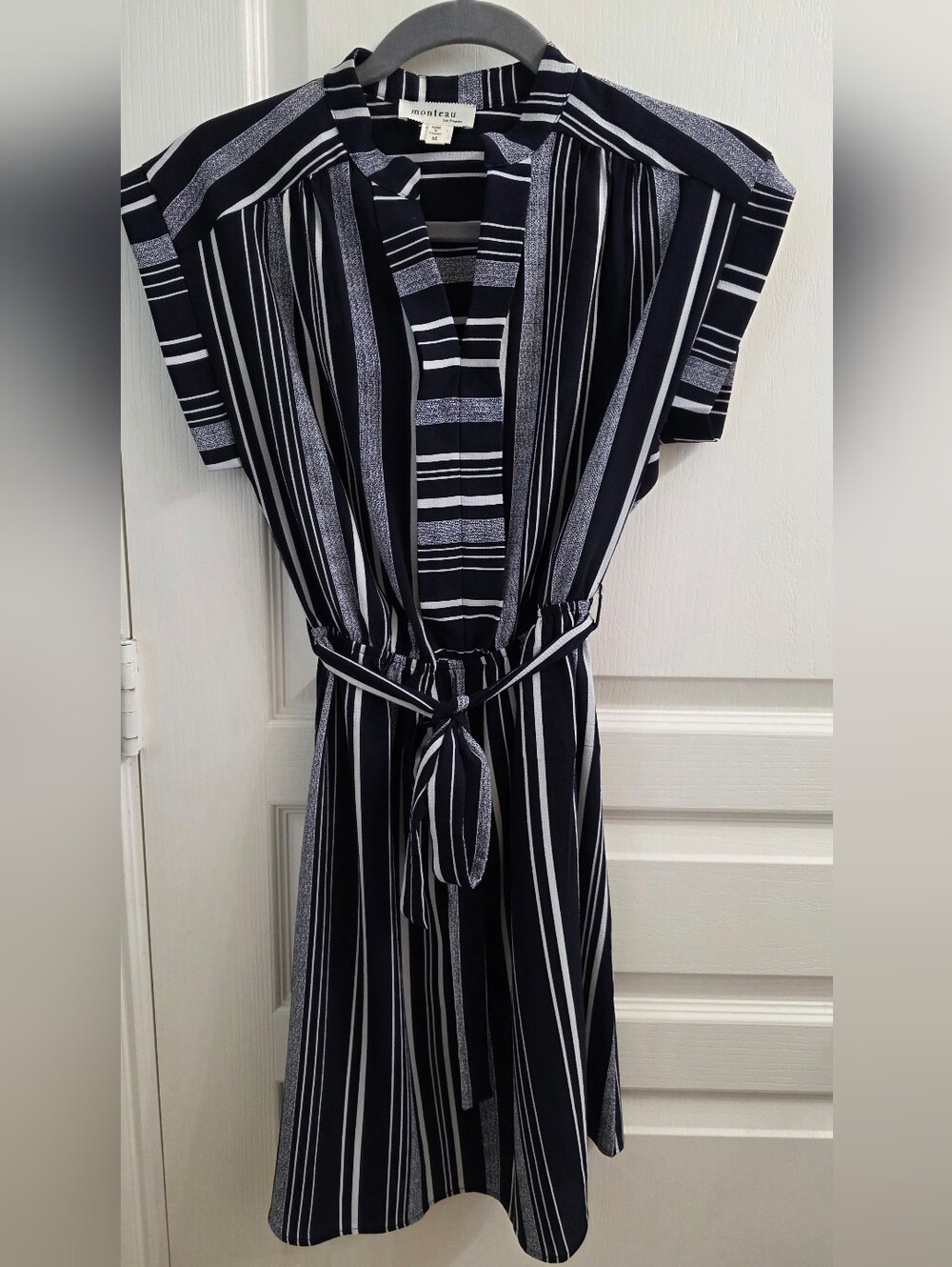 Monteau Black & White Striped Midi Dress with Tie Waist